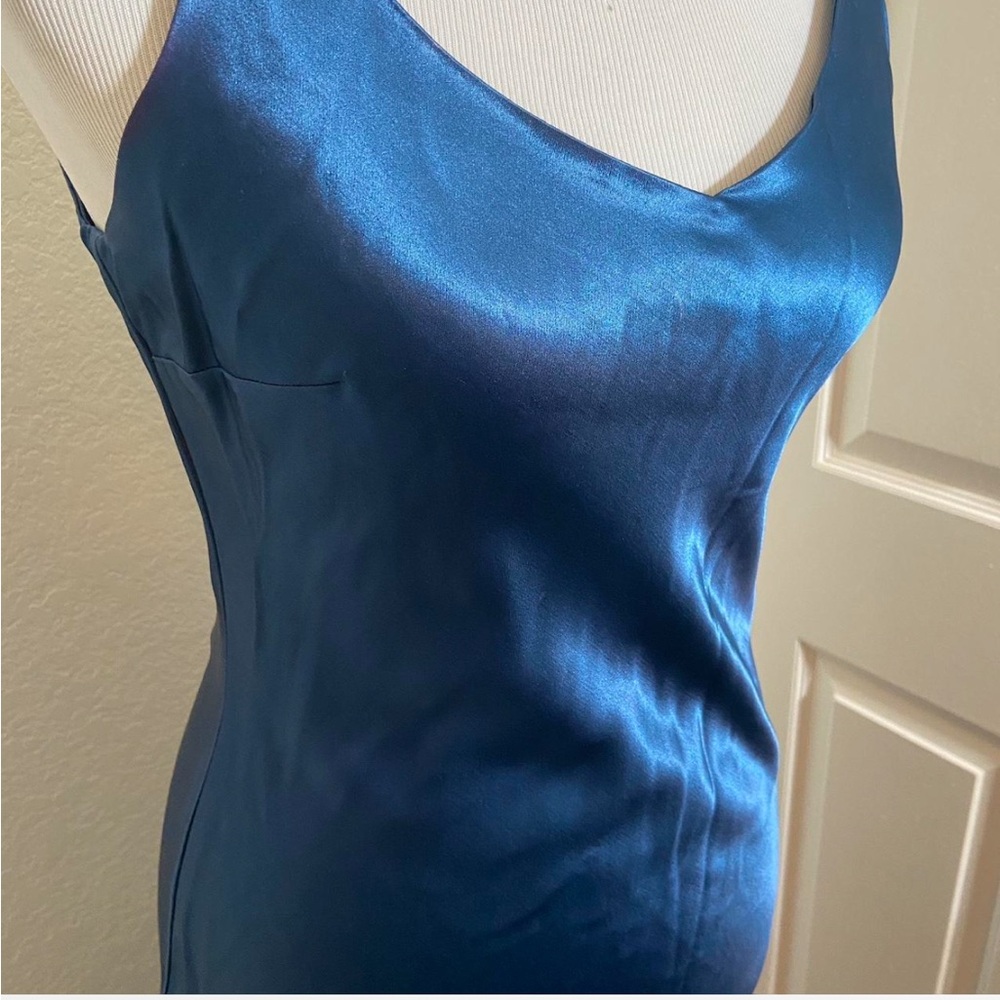 1990s Blue Satin Maxi Dress w Train